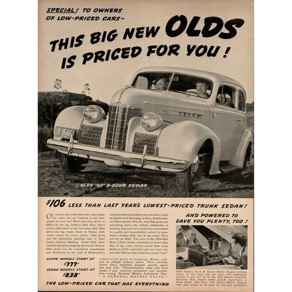 1939 Olds "60" 2-Door Sedan,Oldsmobile,General Motors Vintage Print Ad (L10) - Picture 1 of 3